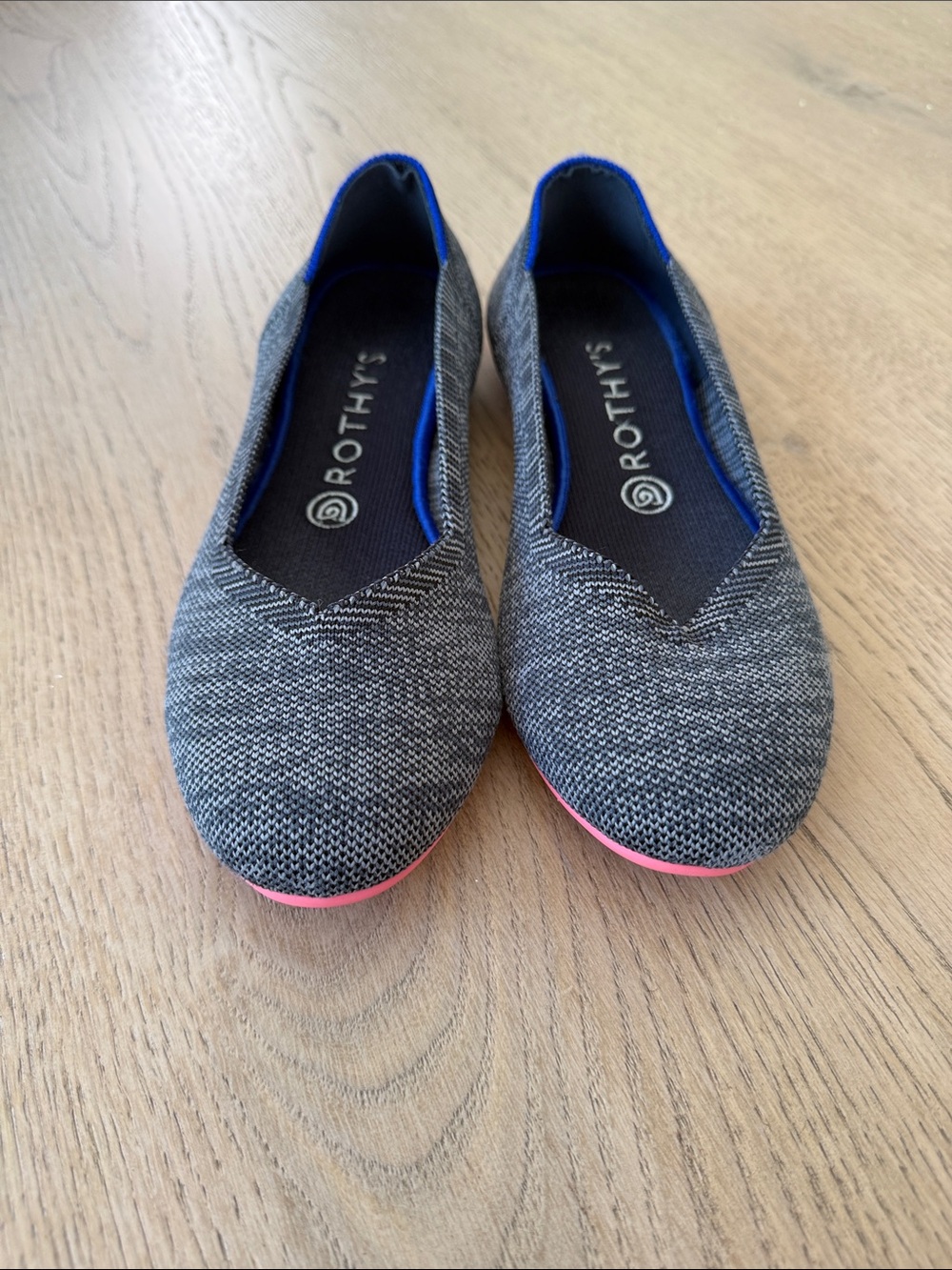 Rothy's Birdseye Charcoal Gray Knit Ballet Flats with Pink sole GUC size 8.5